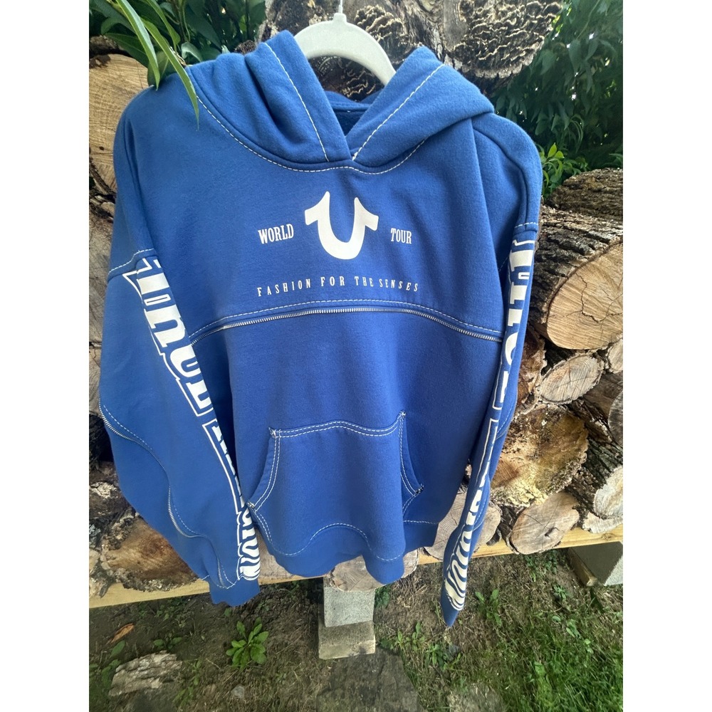 True Religion Hoodie Cotton Pullover Contrast Stitch World Tour Y2K Streetwear
